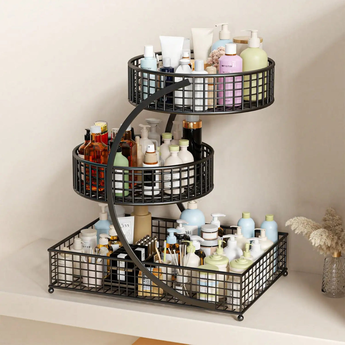 3-Tier Circular Metal Storage Rack, No Assembly Required Polished Cosmetics Organizer, Multi-Purpose Skincare Display Stand for Vanity Bathroom Kitchen Countertop