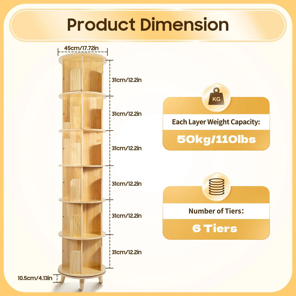 6-Tier 360° Rotating Bookshelf Pine Wood Storage Organizer for Kids Books Toys Home Decor