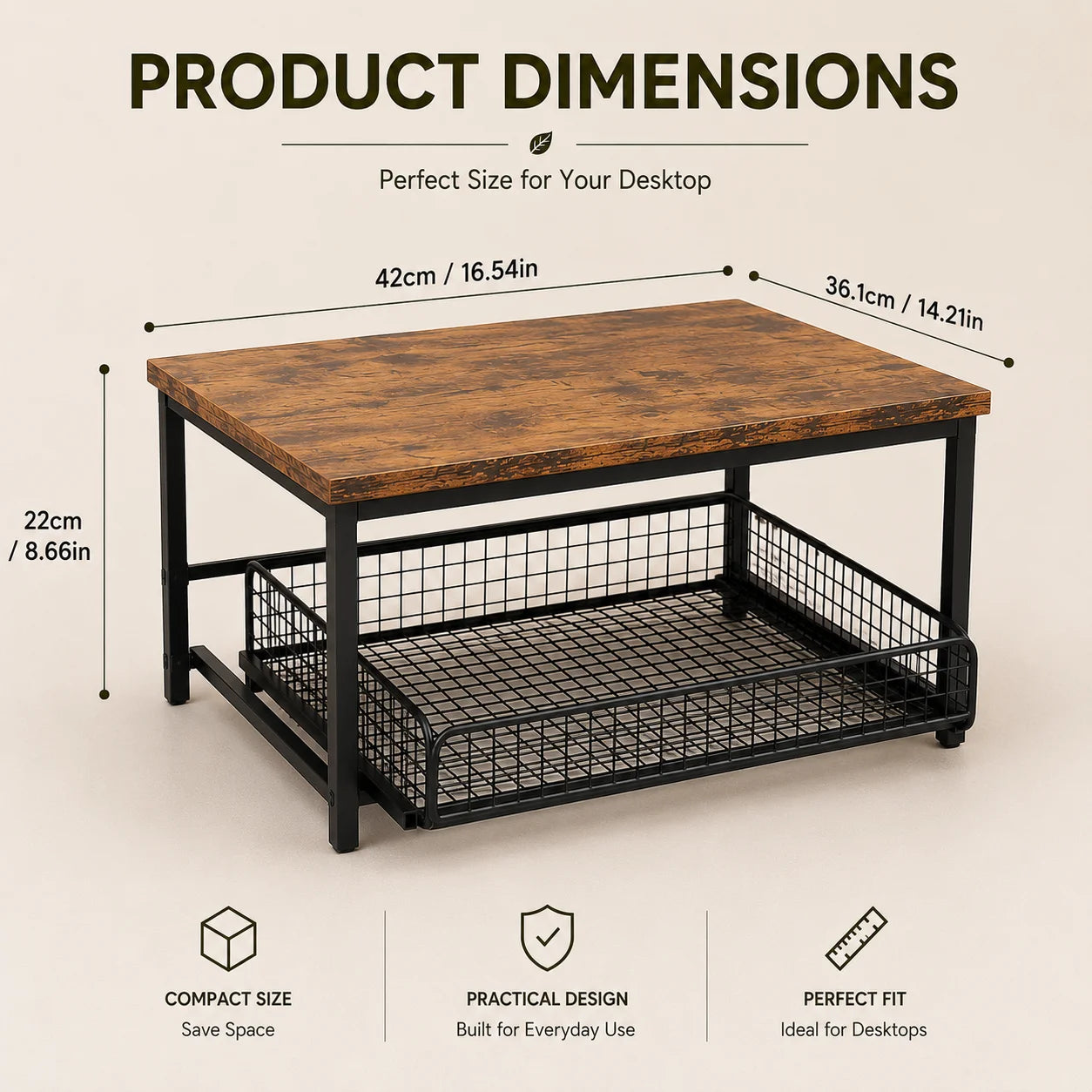 Pull Out Kitchen Counter Organizer with Sliding Wire Basket, Rustic Wood Countertop Storage Shelf for Coffee Station, Spice Rack, Pantry & Bathroom Organization