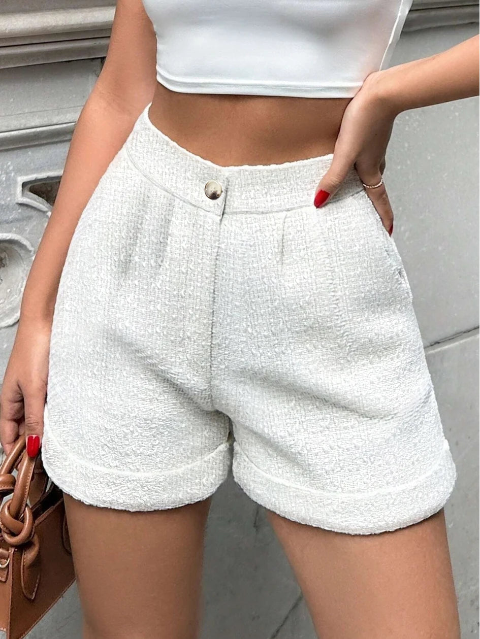 Women's White High Waist Tweed Shorts Casual Elegant Short Pants Solid Color Pockets Streetwear