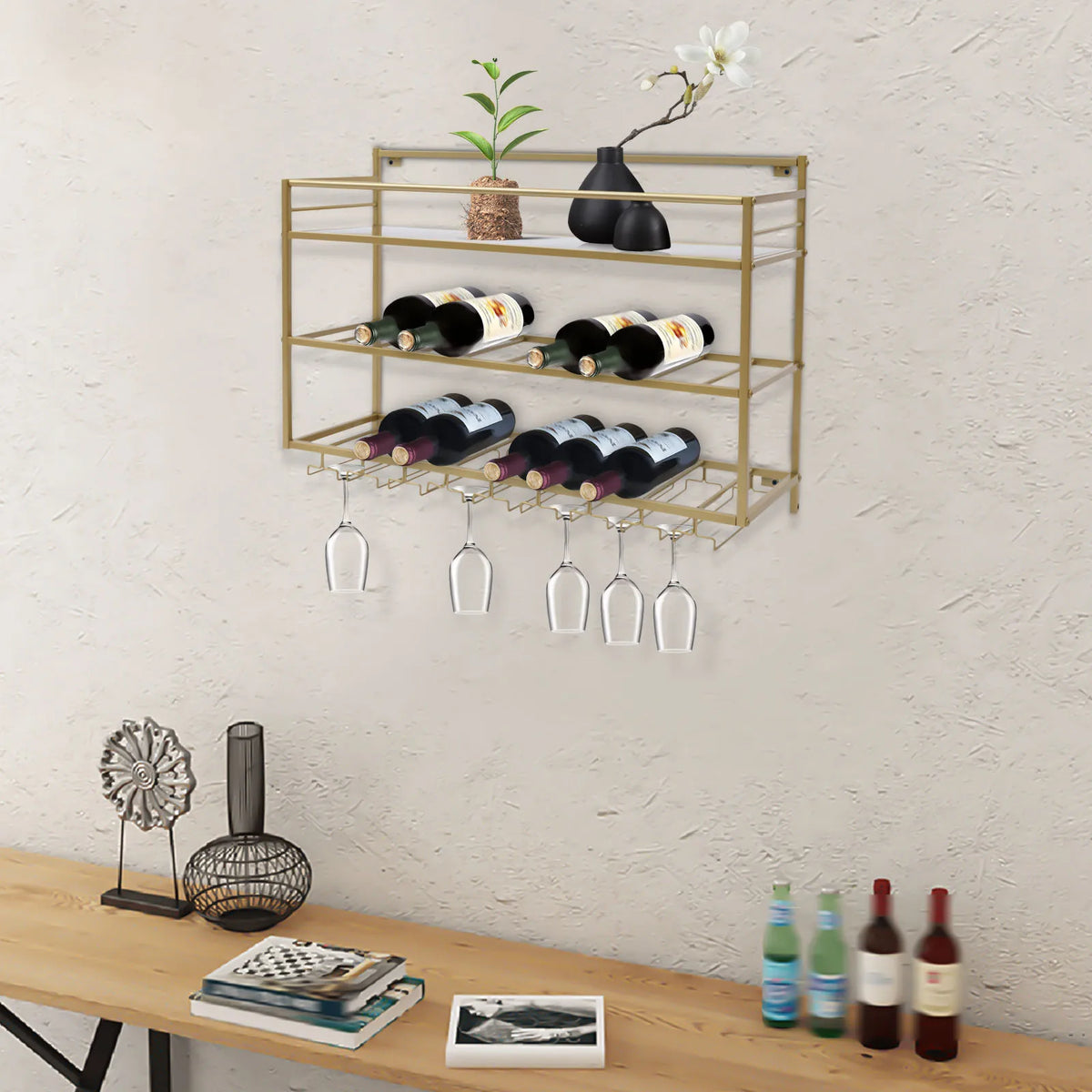 Wine Rack Wall Mounted, 3 Tier Gold Metal Wine Rack 80x25x55cm, 30kg/66lbs Heavy Duty Capacity with Wine Glass Holder, Space Saving Storage for Kitchen Bar Dining Room