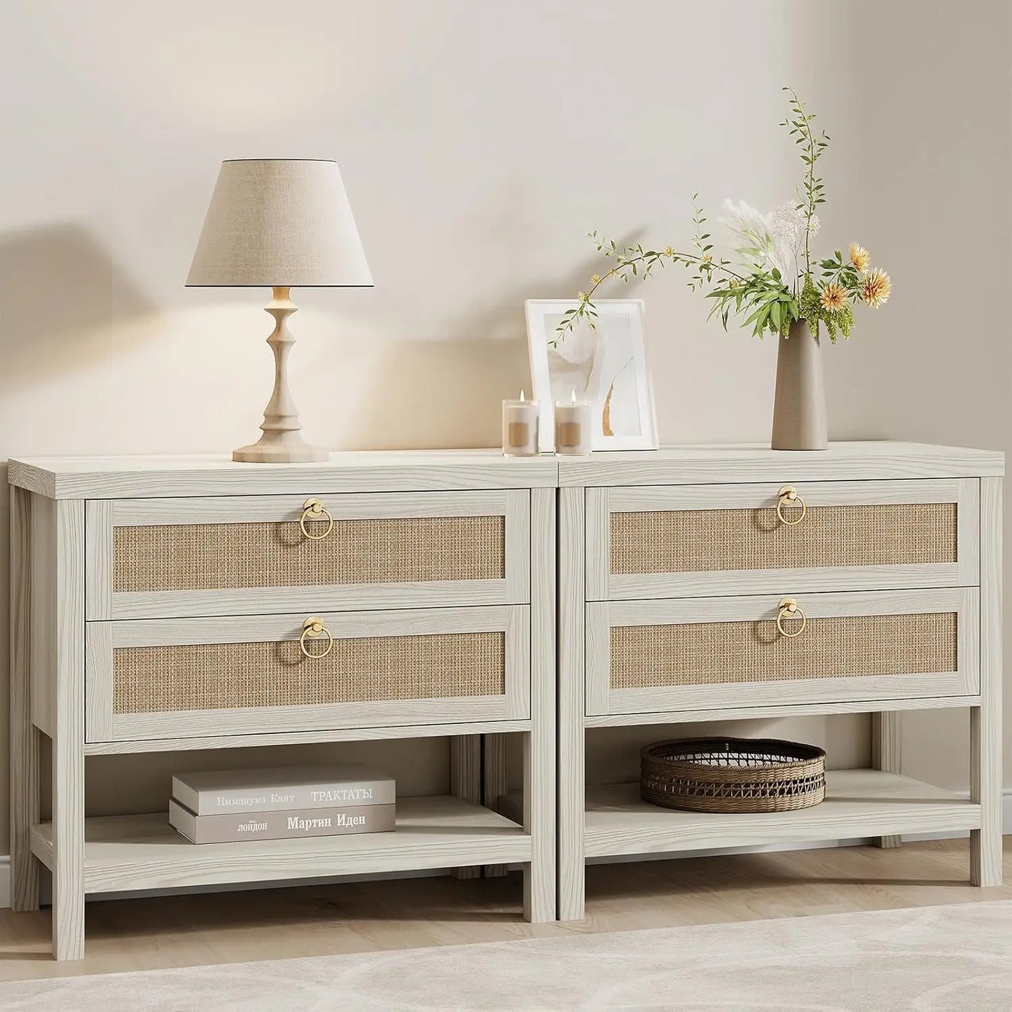 Large White Rattan Nightstands Set of 2, Boho Style with Drawers & Storage Shelf Bedroom Bedside End Table, Custom