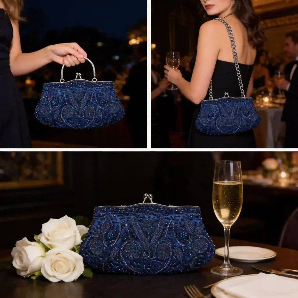 Handmade Beaded Floral Evening Clutch Purse With Kiss Lock