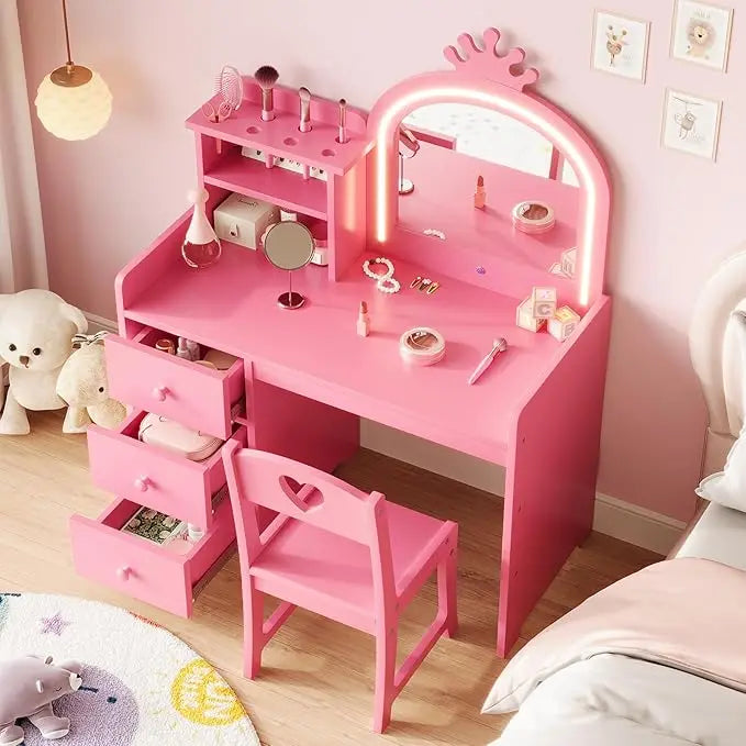 Kids Vanity with Lights, 2 in 1 Princess Makeup Vanity Desk & Chair Set, Toddler Vanity Table with Open Bookshelf for Girls