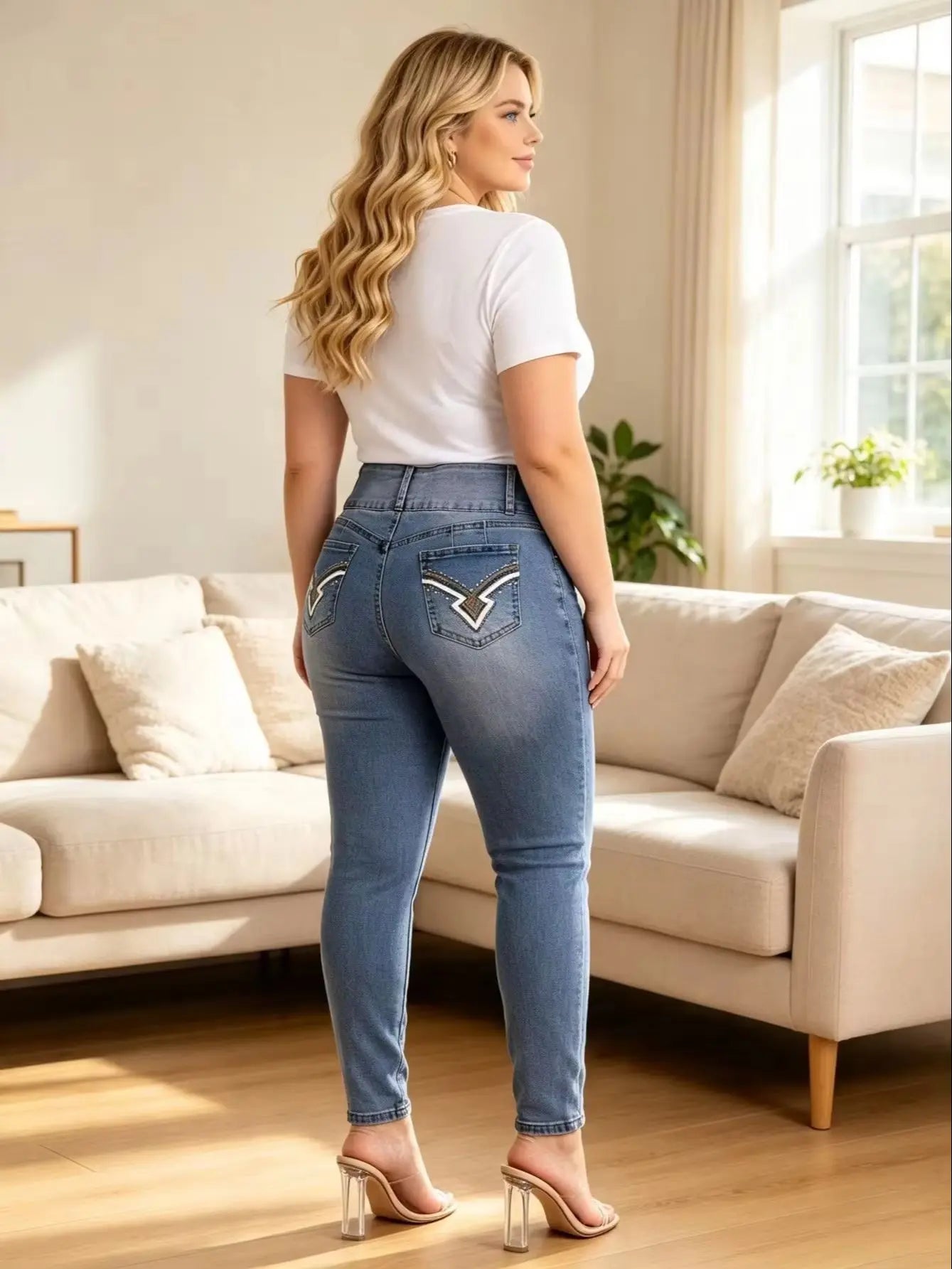 【HME】Jeans | High‑Rise Skinny Denim Pants, Ladies 3‑Button Waist Stretch Denim Jeans, Decorative Rhinestone Embroidery On Back Pockets, Figure‑flattering Pants, Light Blue Washed Denim For Casual Occasions