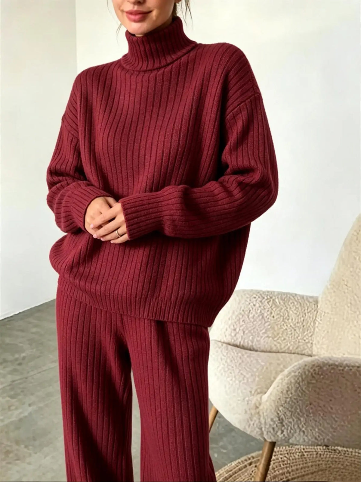 Womens Ribbed Turtleneck Sweater and Wide Leg Pants Set