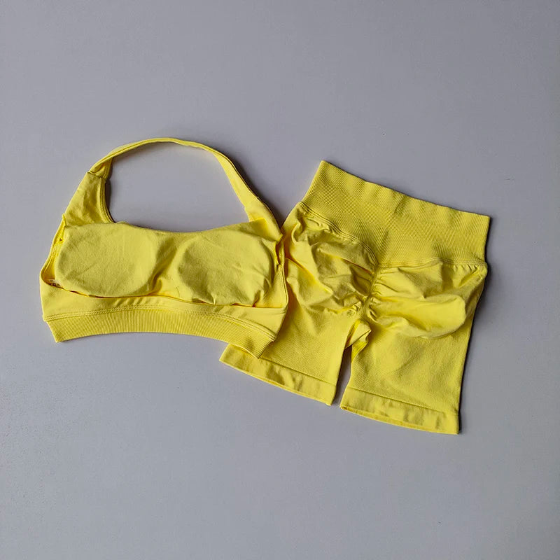 Halter Neck Sports Bra Shorts Set For Yoga Pilates