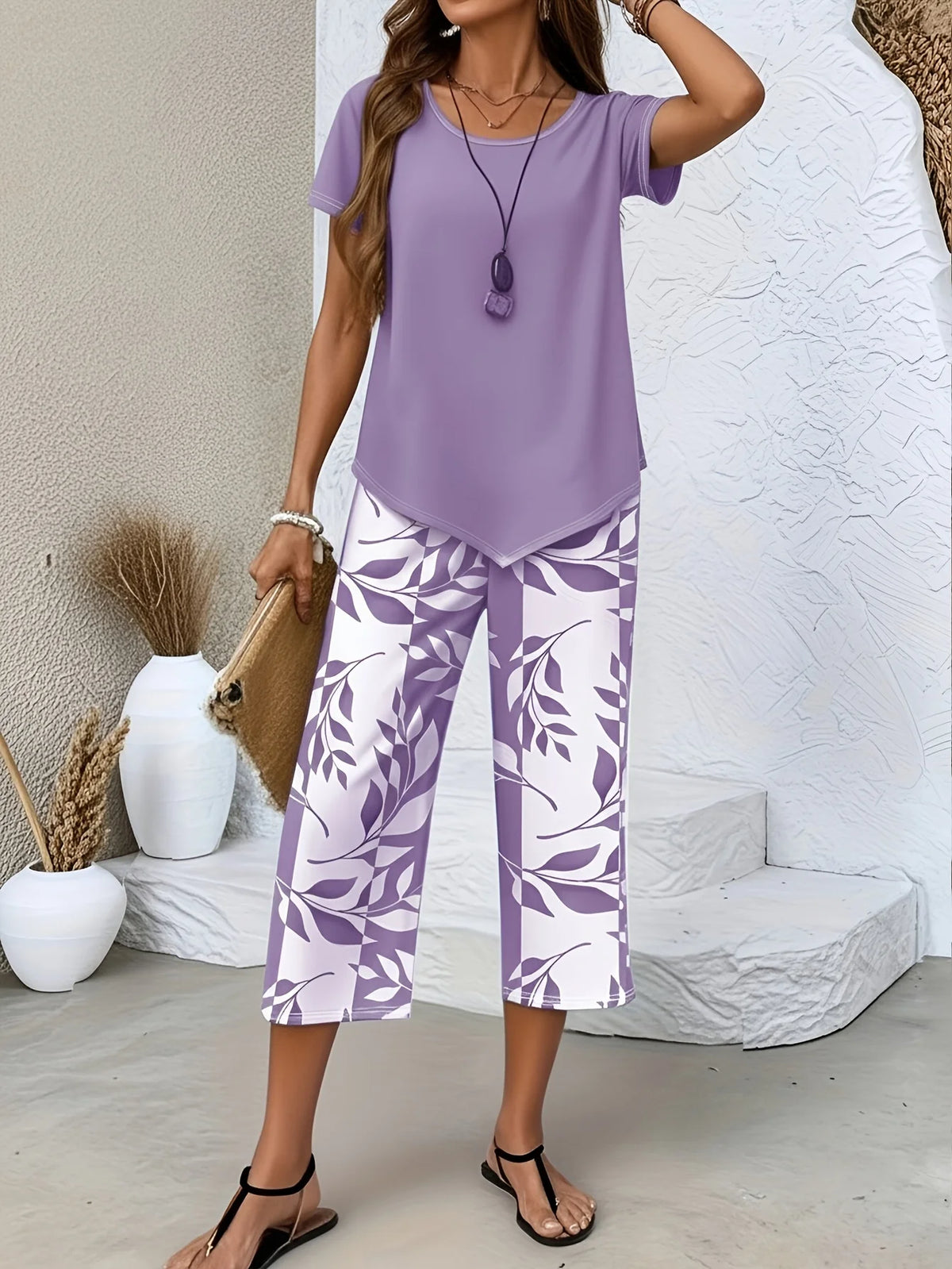 QQRRGK Women Casual Leaf Print Two Piece Pants Set