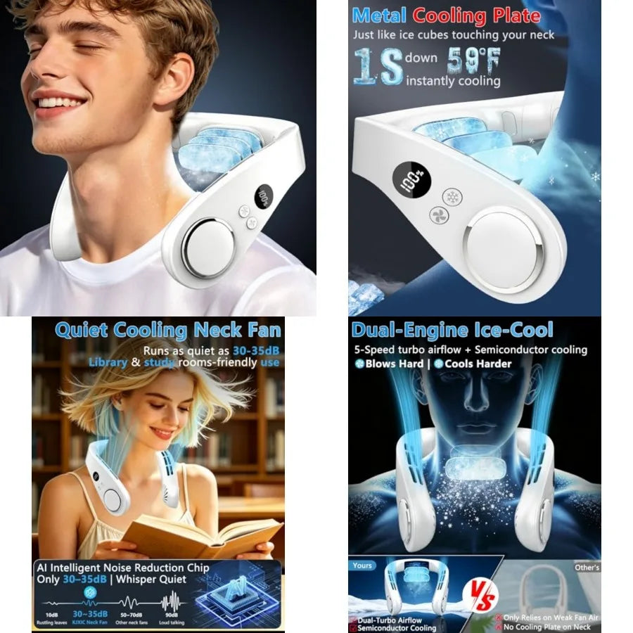 Neck Fan with Cooling Plate-24H Quiet Powerful Fans that Blow Cold Air-5 SpeedandPower LED Display-USB 5500mAh Bladeless Wearab