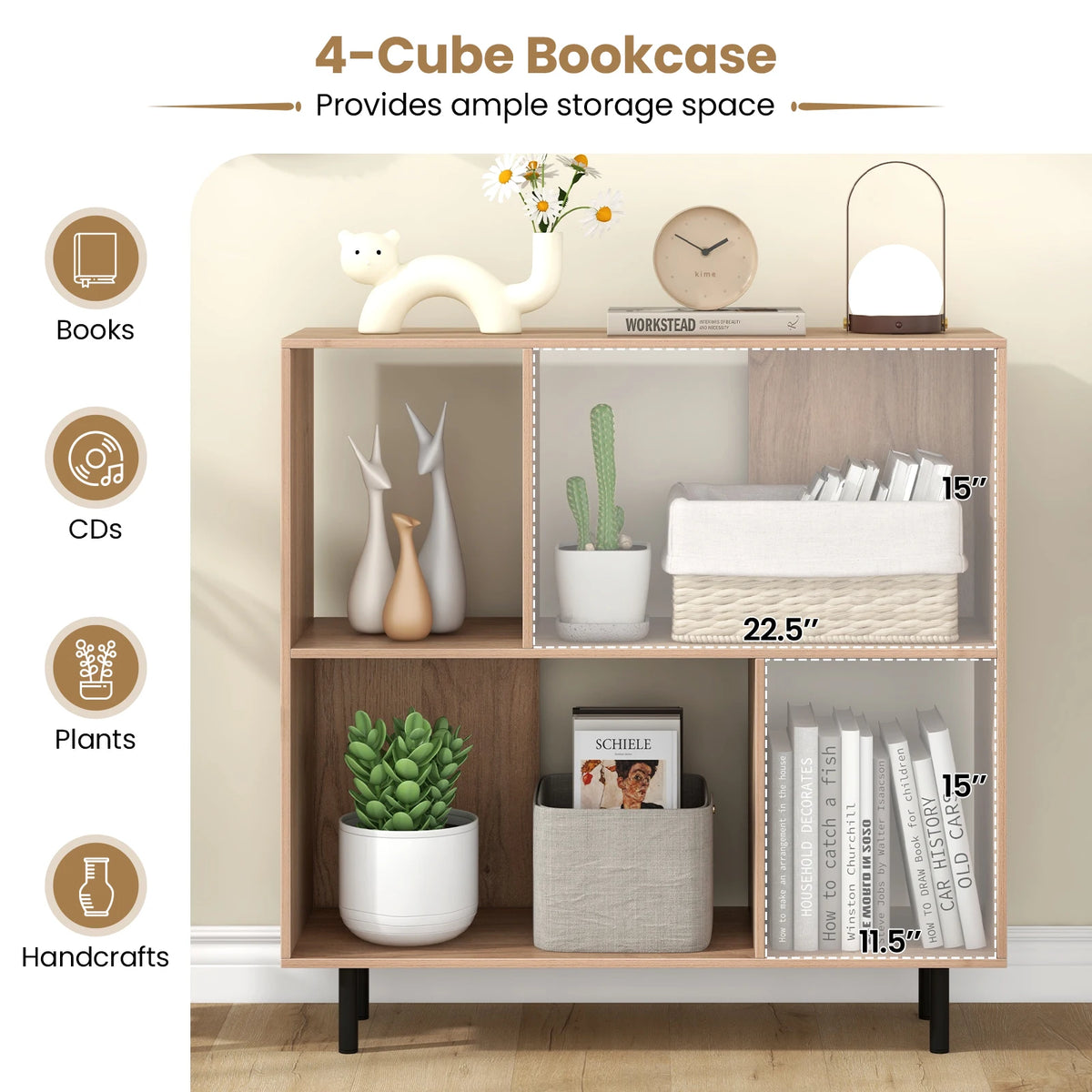 Open Shelf Bookcase Mid Century Modern Cube Bookshelf with 4 Compartments