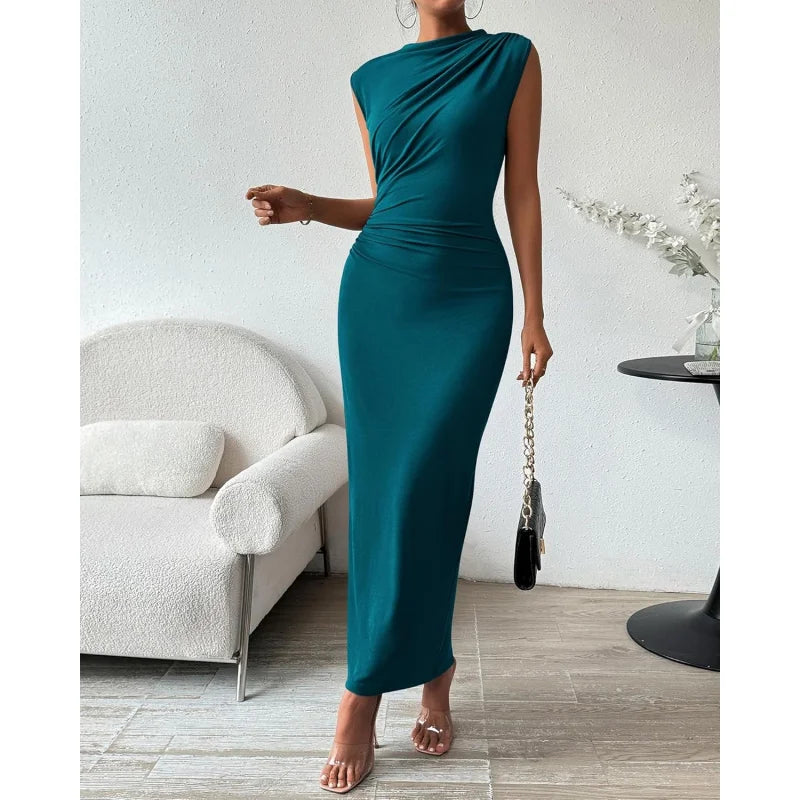 Women Ruched Bodycon Maxi Dress Sleeveless Elegant Party Cocktail Gown