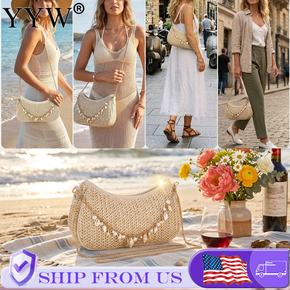 Bohemian Straw Shoulder Bag With Shells And Starfish