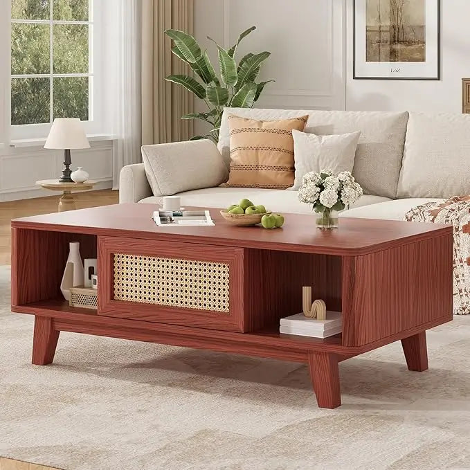 Farini Mid Century Modern Coffee Table with Rattan Drawer, Wood Storage Table for Living Room, Farmhouse Home Furniture
