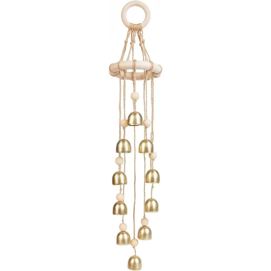Relaxing Wooden Wind Chimes With Ten Golden Bells Outdoors