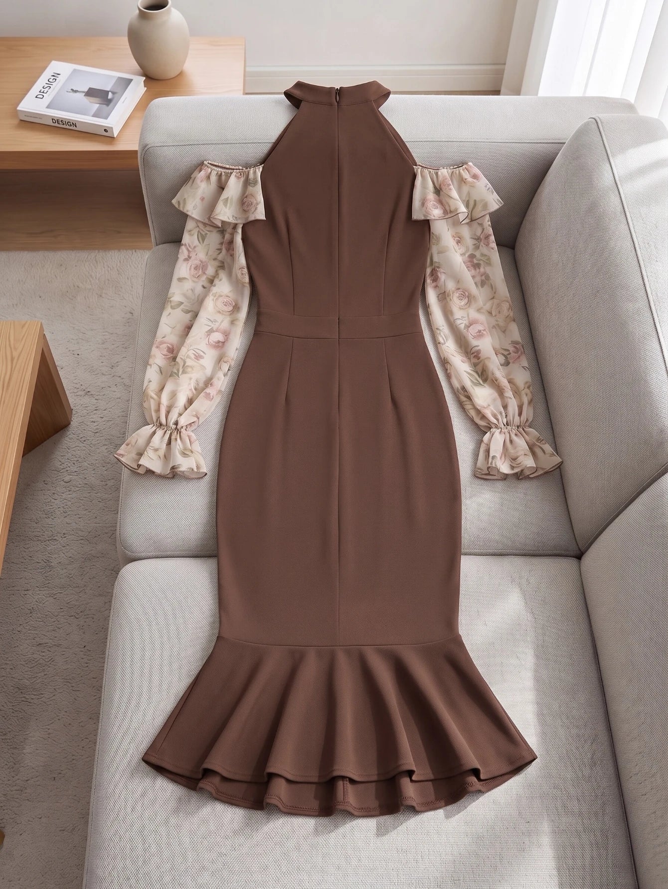 Cold Shoulder Floral Print Midi Dress For Women Ruffle Collar Puff Long Sleeve High Waist Bodycon Mermaid Hem Party Club Dress