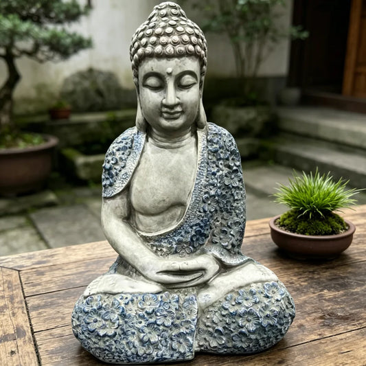 Weatherproof Resin Meditating Buddha Statue With Floral Details Outdoor