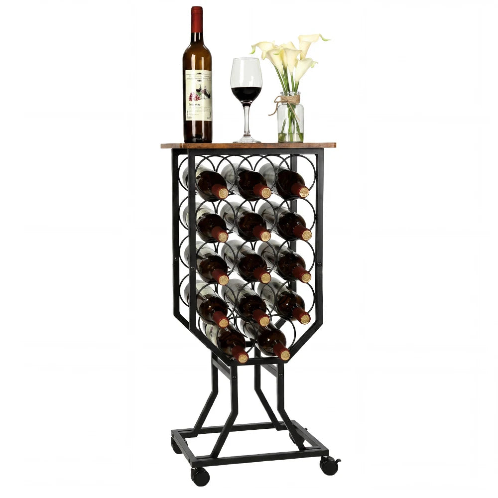 Industrial Freestanding Wine Rack with Wheels, Rustic Wood Top Metal Wine Storage Organizer, Mobile Floor Wine Holder for Bar , Kitchen Pantry & Restaurant Decor