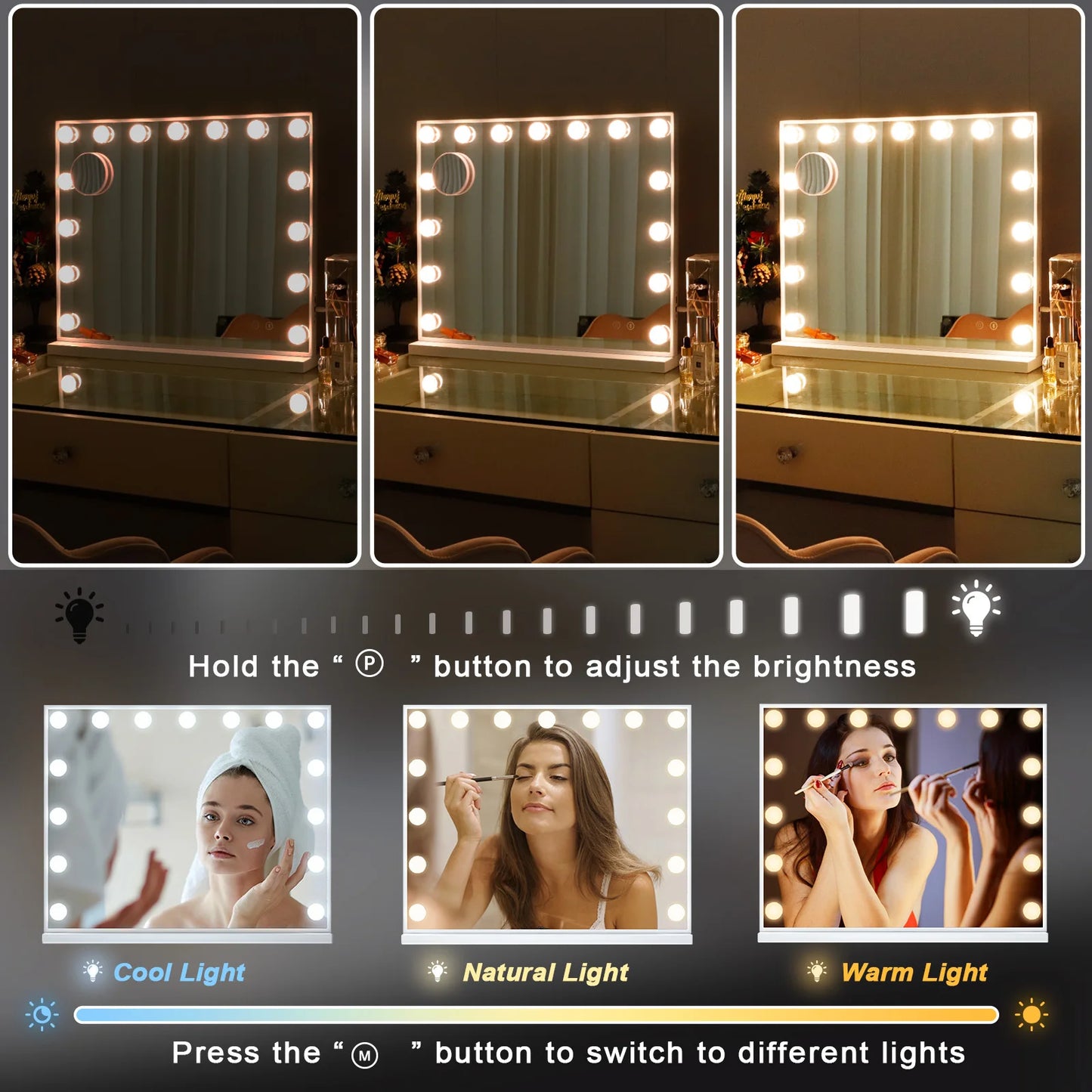 FENCHILIN Vanity Mirror with Lights Hollywood Lighted Makeup Mirror with 15 Dimmable LED Bulbs for Dressing Room Tabletop