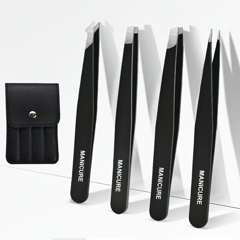 1/4pc Stainless Steel  Eyebrow Tweezers Kit Eyebrow Eyelash Tweezers with Storage Bag Beauty Salon Home Hair Removal Tweezers
