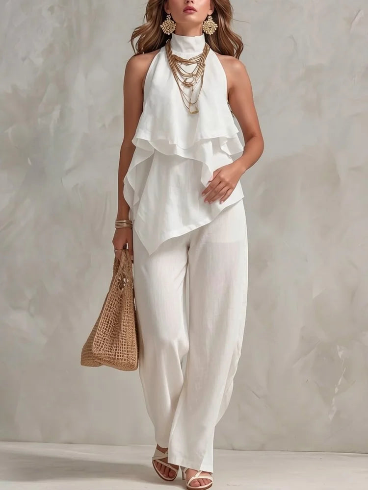 Women Halter Ruffle Top High Waist Wide Leg Pants Vacation Set