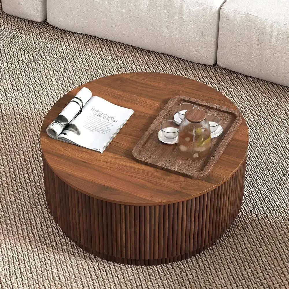 31.5" Round Coee Table with Storage, Century ern Coee Tables with luted Base, Wooden Circle Accent Center Table or Living Room S