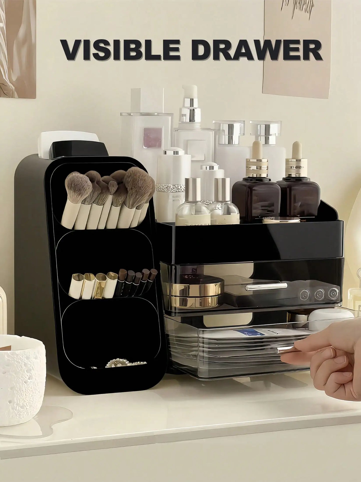Makeup Organizer with Brush Holder & Drawers, Large Capacity Cosmetic Storage for Vanity Bathroom Countertop, Skincare Lipstick Display Stand