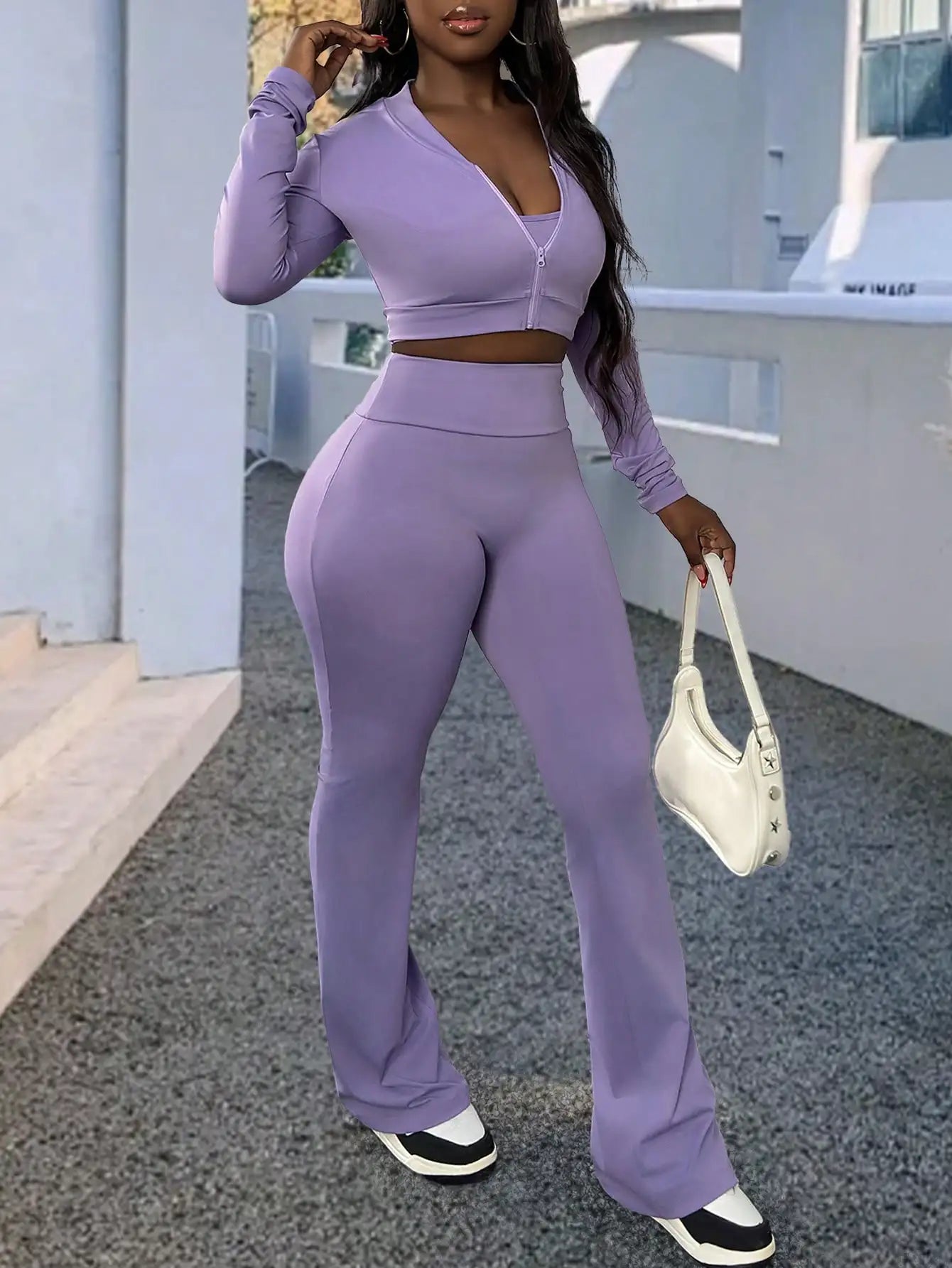 3 Piece Women's Sports Top And Flared Pants Set Bundle