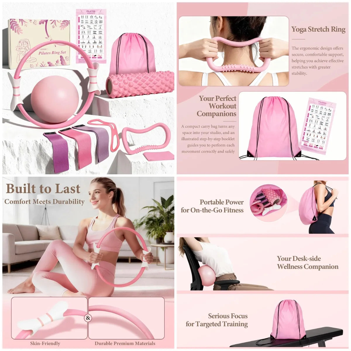 Pink Pilates Ring Kit with 14.5 inch Magic Circle & Foam Roller, Ergonomic Home Workout Equipment Set
