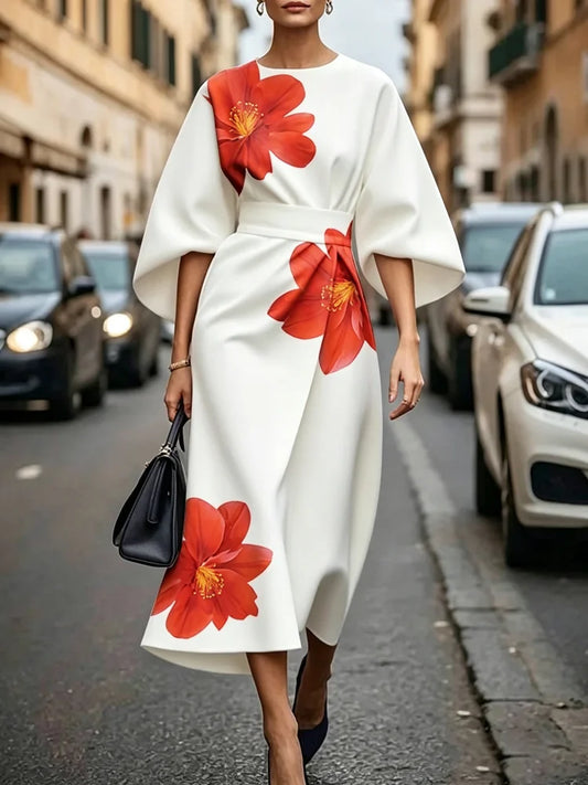 Satin Puff Sleeve Round Neck Tie-Dye Dress
