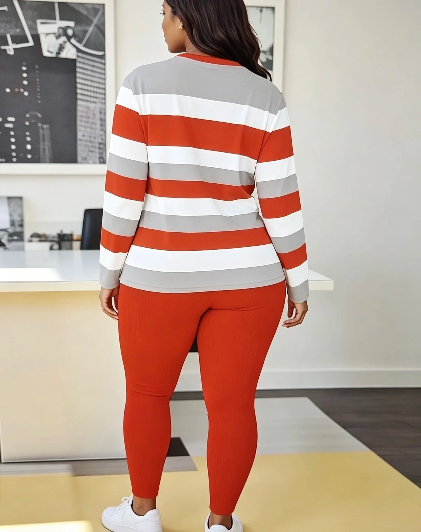 Loose Casual Ribbed Pants And Color Block Striped Top