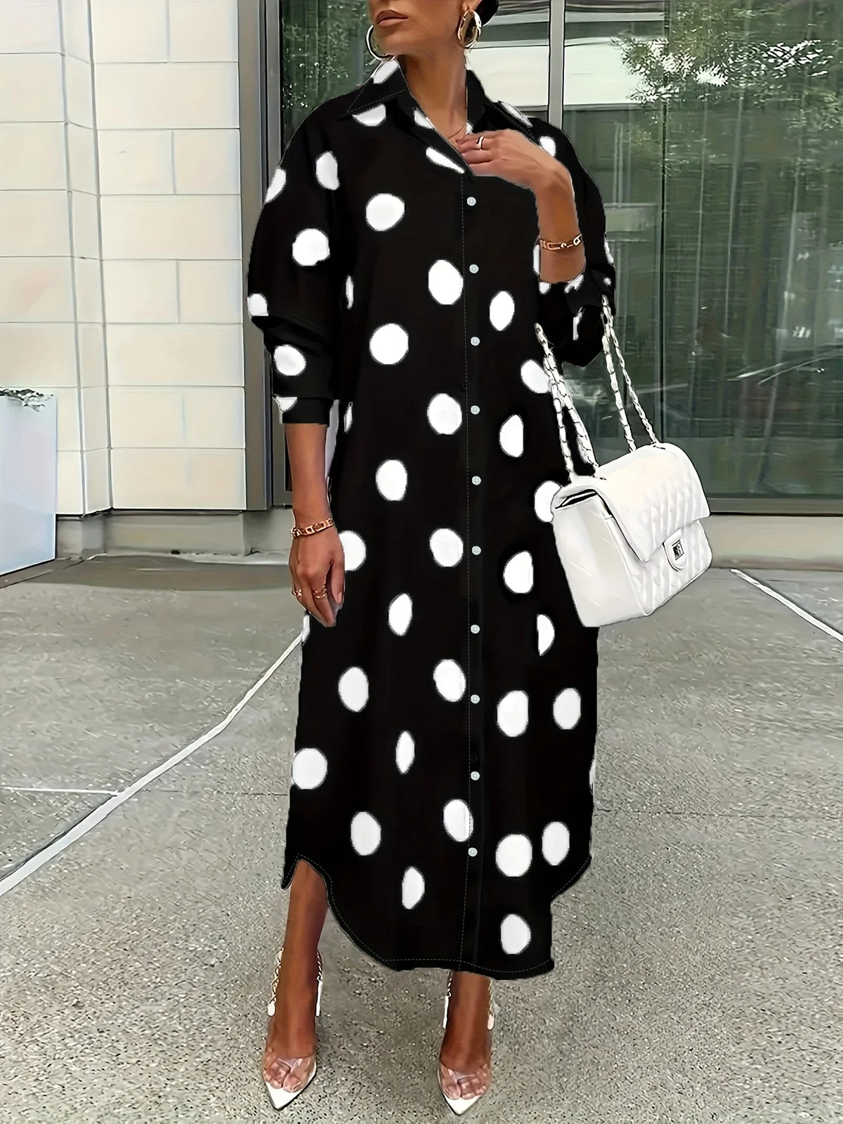Elegant Plus Size Polka Dot Lapel Shirt Dress
