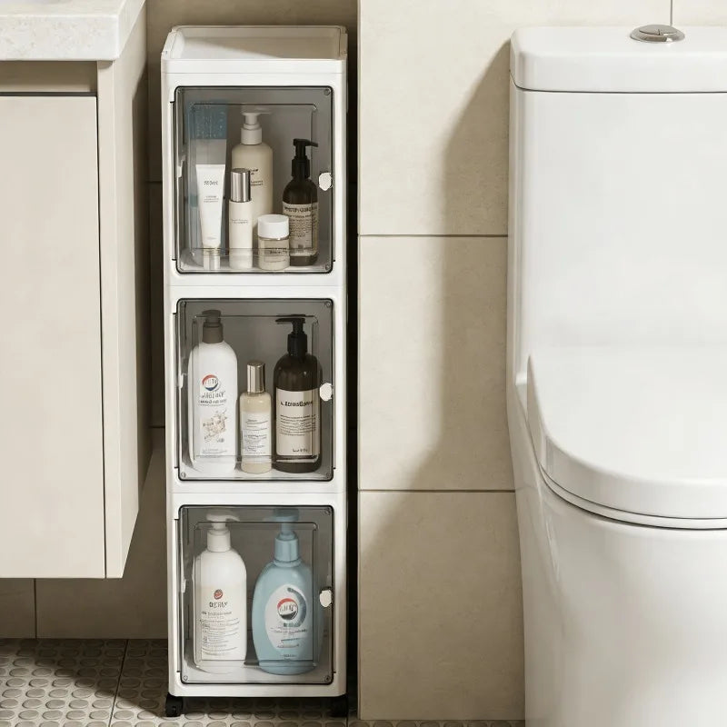 5-Tiers Slim Bathroom Storage Cabinet, Foldable Storage Cabinets,Narrow Bathroom Storage,Movable Bathroom Storage Organizer for Small Spaces,Bathroom,Kitchen,Laundry,White