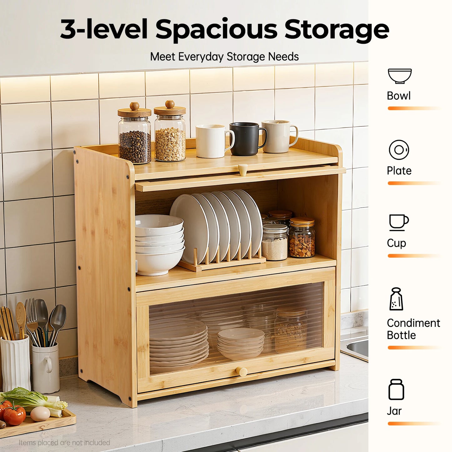 Storage Cabinet Bamboo 2 Tier Countertop Organizer with Glass Doors for Kitchen Bathroom Bedroom Storage Box