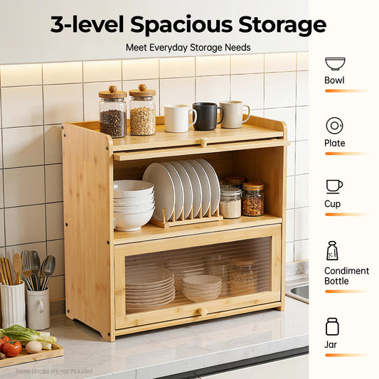 Storage Cabinet Bamboo 2 Tier Countertop Organizer with Glass Doors for Kitchen Bathroom Bedroom Storage Box