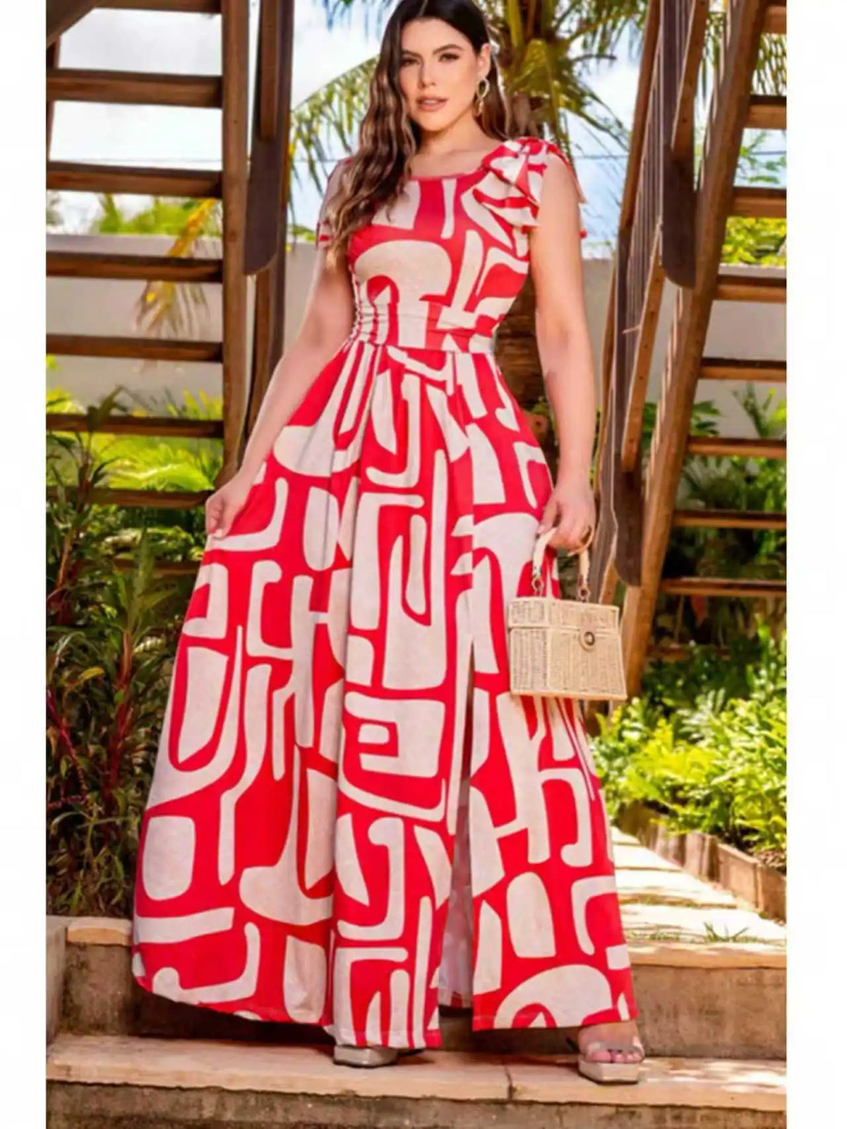 Sleeveless Geometric Maxi Dress Bow Waist Slit Elegant Summer Vacation