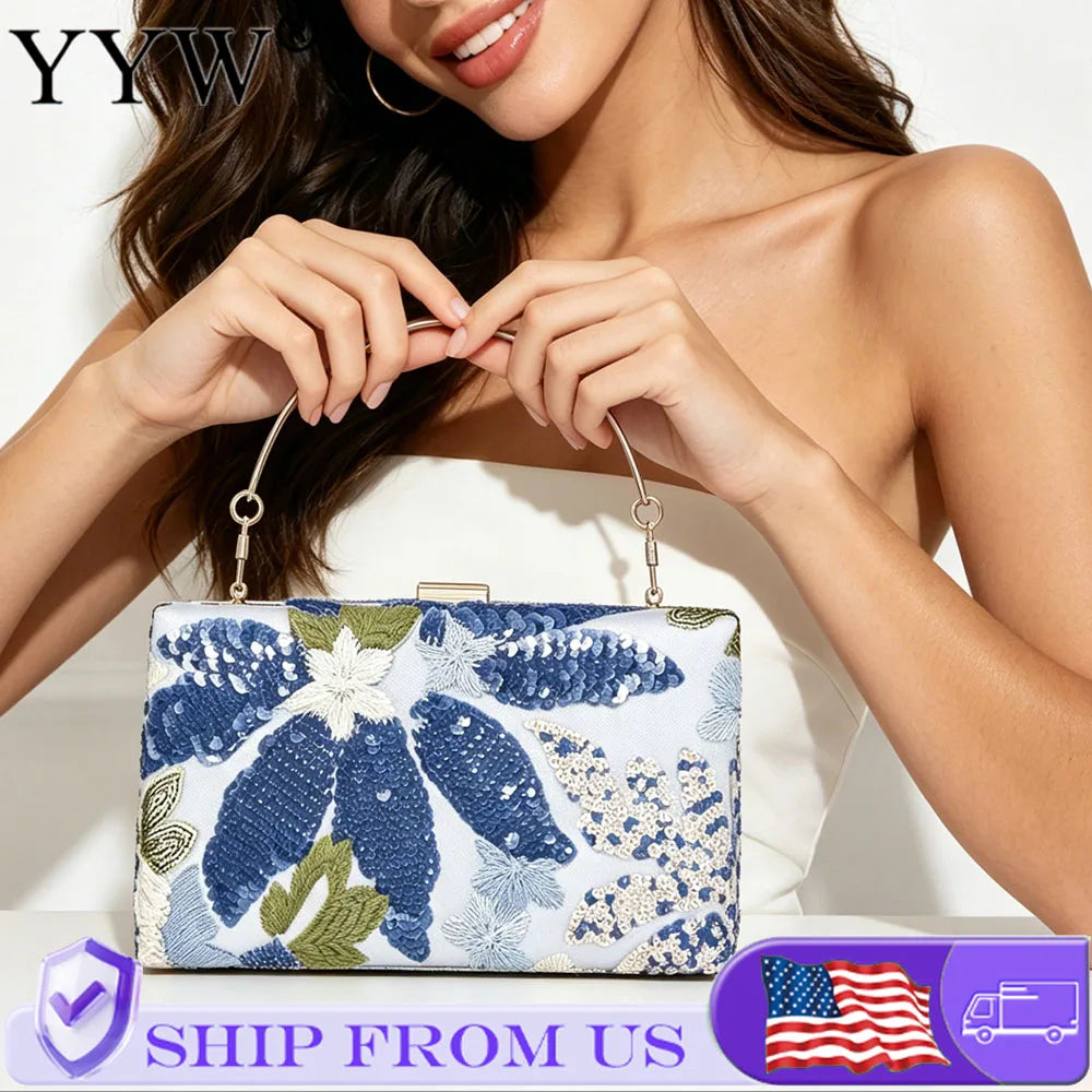 Sequined Leaf Floral Crossbody Clutch Bag With Vintage Chain Strap