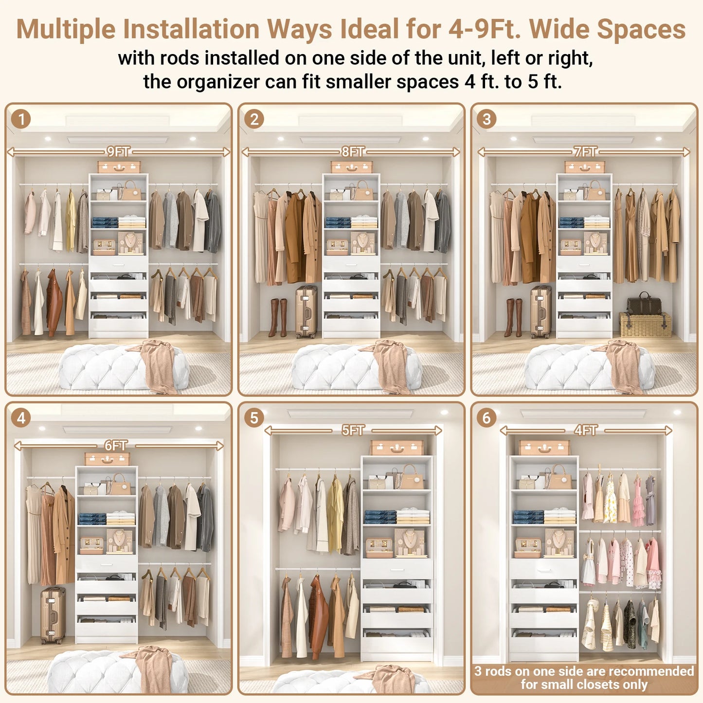 4-9Ft Closet System with 4 Wooden Drawers, Walk-in Closet Organizer Wardrobe Clothes Rack with 4 Hanging Rods, Garment Rack