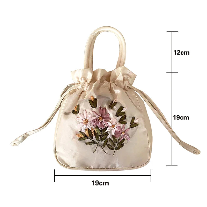 National Style Embroidered Flower Bucket Bag With Drawstring