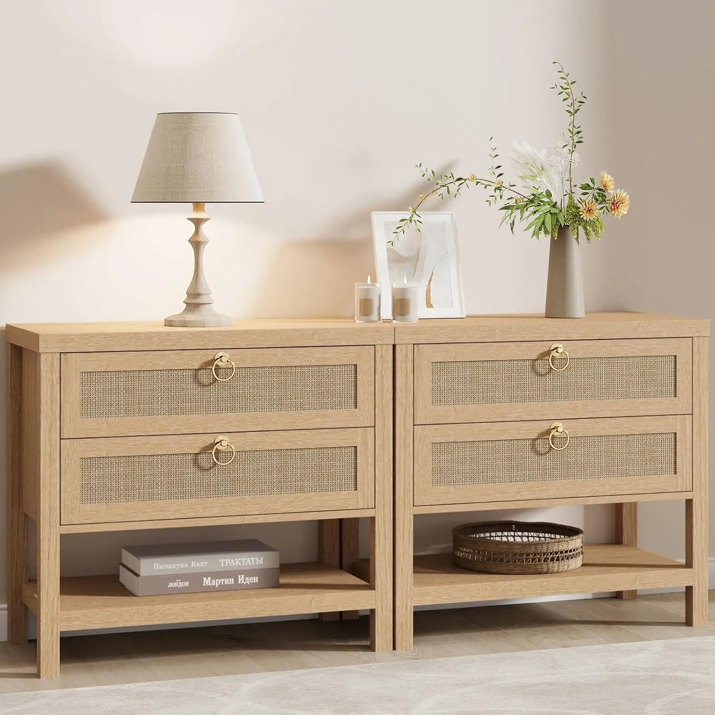 Large White Rattan Nightstands Set of 2, Boho Style with Drawers & Storage Shelf Bedroom Bedside End Table, Custom