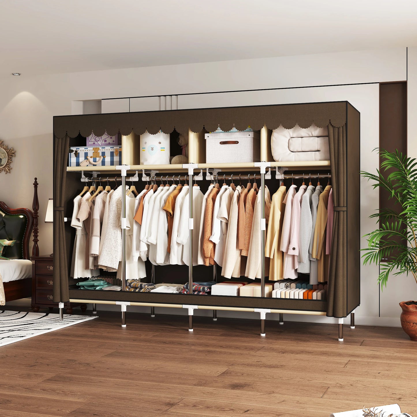 Heavy Duty Fabric Wardrobe 78.7x17.7x66.9in - 4 Hanging Rods & 4 Storage Spaces, 16mm Metal Frame with Thick Dust Cover