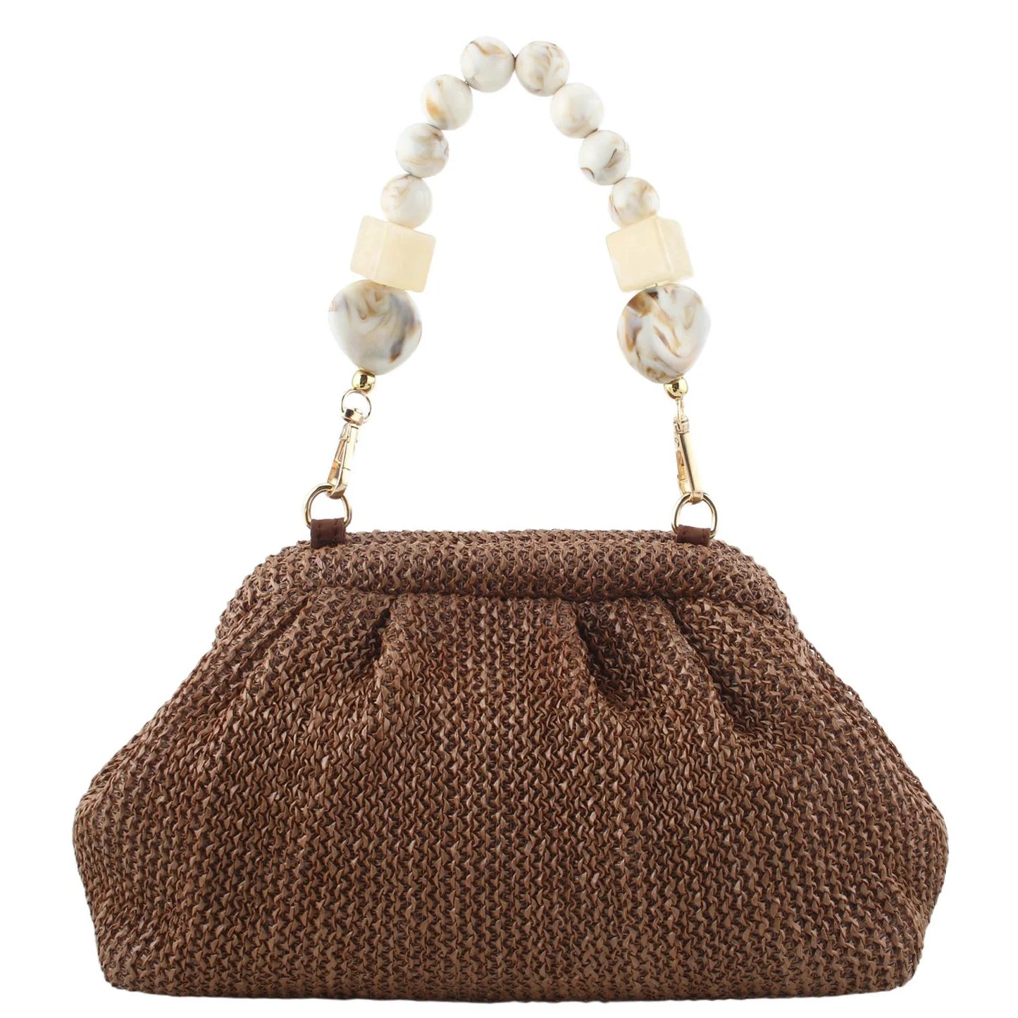 Premium Women Straw Woven Handbag With Chain Strap And Pearl