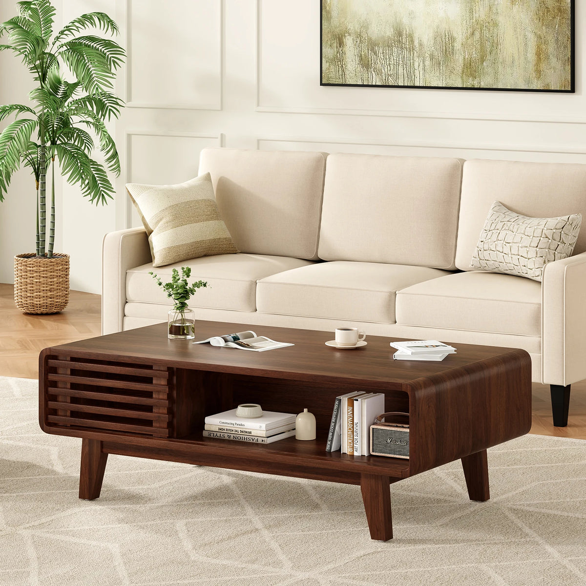 Mid Century Modern Farmhouse Coffee Table with Storage, Wood Table for Living Room, Farmhouse Style