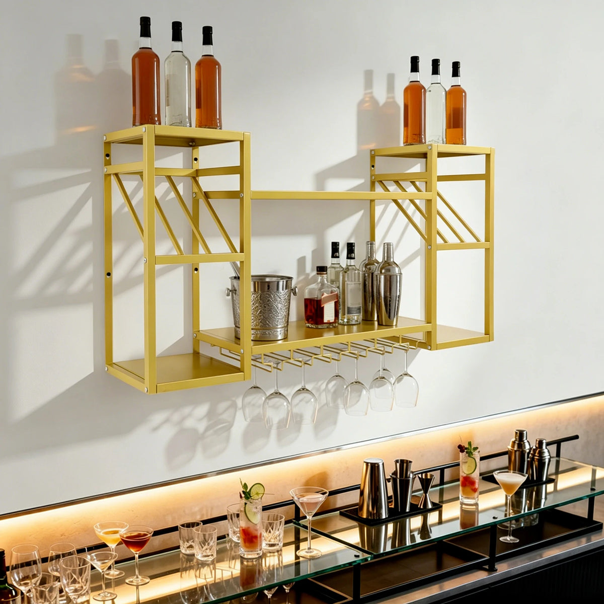 2-Tier Metal Wall-mounted Wine Rack 120*25*60 CM Metal Floating Bar Liquor Bottle Shelves for Kitchen Dining Room Bar Home Display