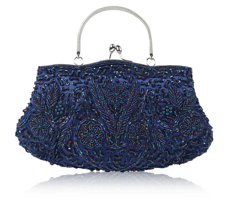 Womens Beaded Embroidered Clutch Bag With Shoulder Chain Party Purse