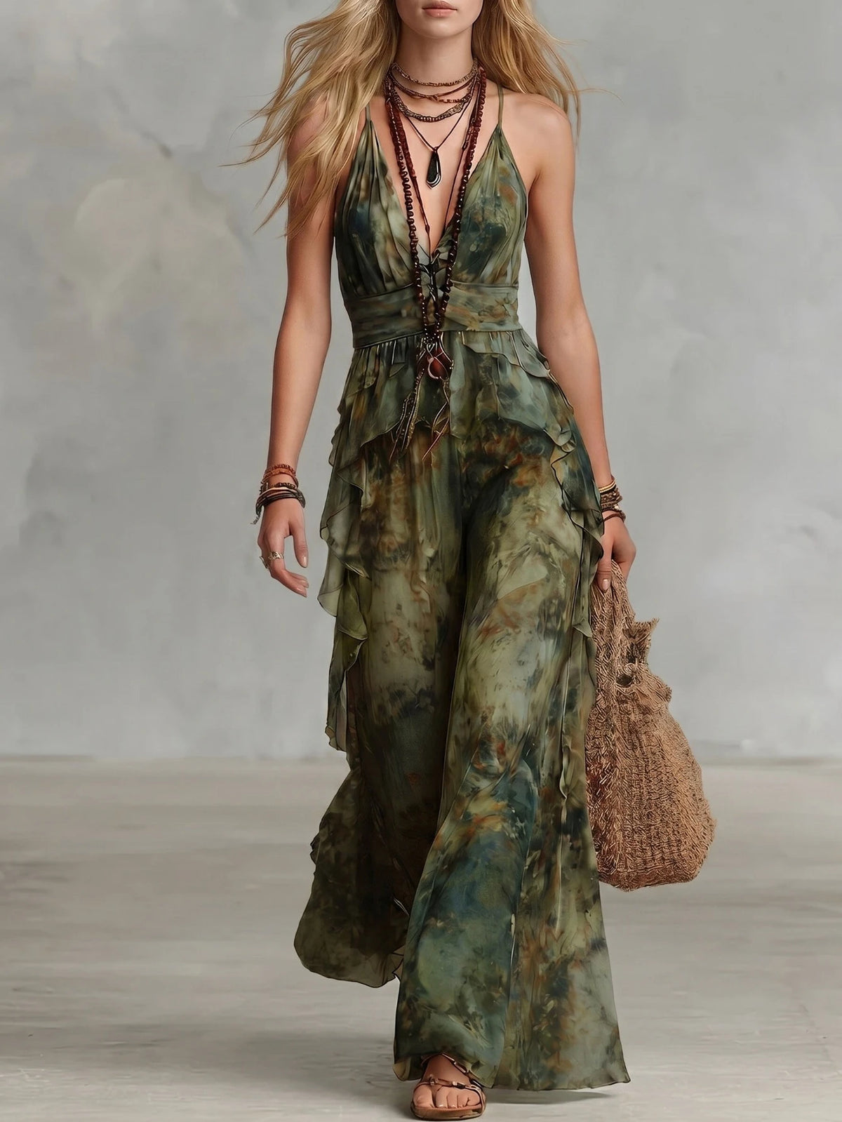 Women Spaghetti Strap Maxi Dress Deep V Neck Ruffle Trim Waist Tie Up Bohemian Style Sleeveless Long Dress Vacation Daily Party Outfit For Women