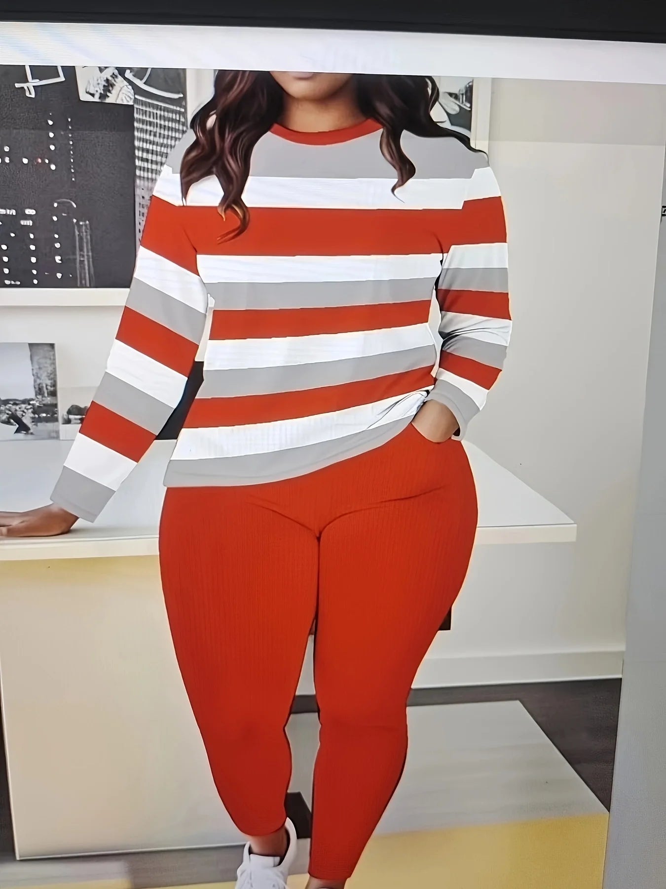 Loose Casual Ribbed Pants And Color Block Striped Top