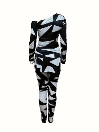 Women One Shoulder Geometric Print Polyester Two Piece Outfit Set