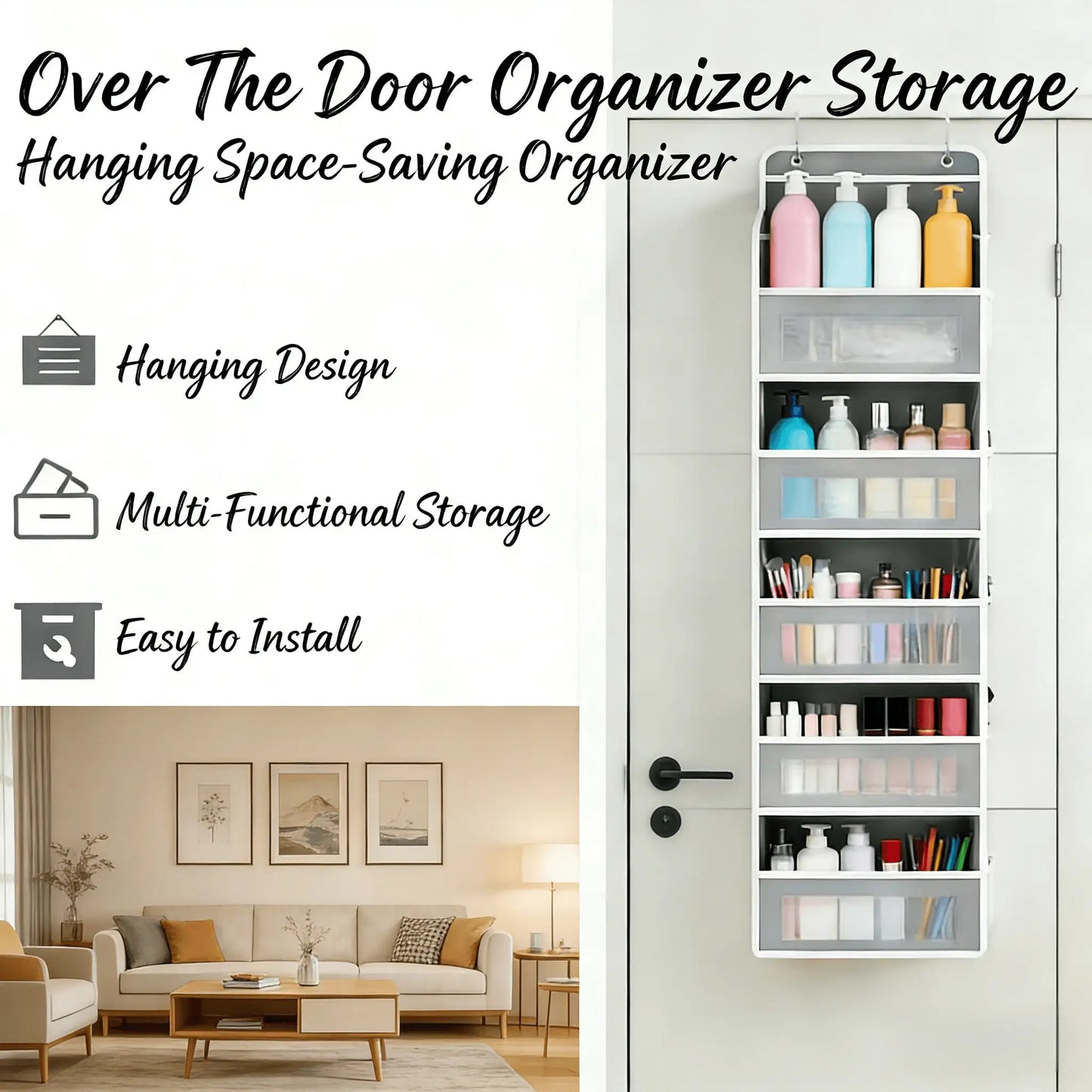 5-Tier Hanging Storage Organizer with 10 Side Pockets, Over Door Pantry Rack with 44 Lbs Capacity, Anti-Tilt Design for Bedroom, Bathroom, Dorm, White