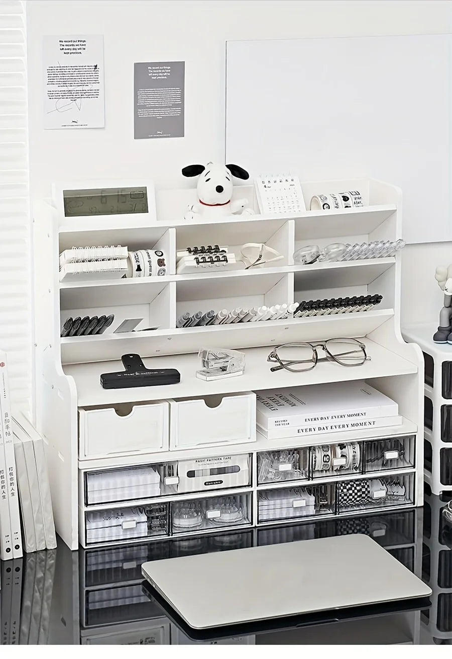 Two Tier Desk Organizer With Drawer And Tilt Pen Holder
