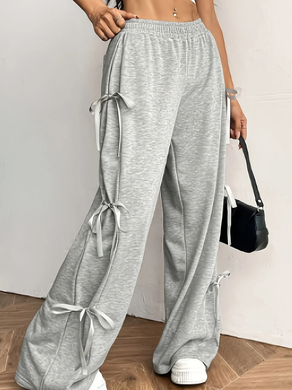 Plus size women's sweet and cool style grey wide-leg pants; bow tie design; loose casual long pants